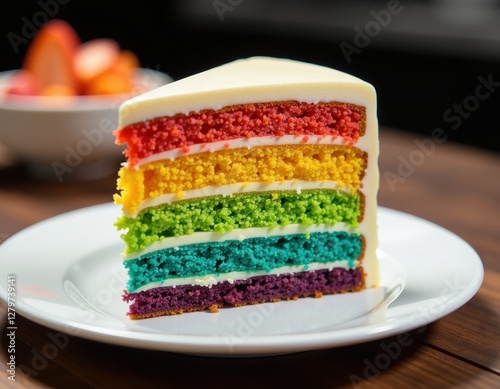Rainbow Cake Slice on White Plate - Delicious Multicolored Dessert
