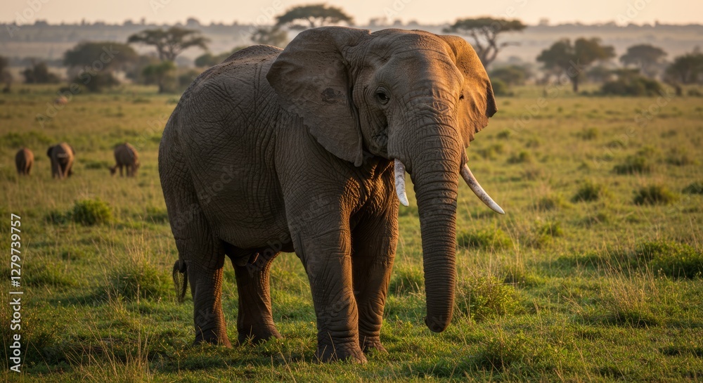 Fototapeta premium Majestic African Elephant Grazing Peacefully in Golden Light at Sunset