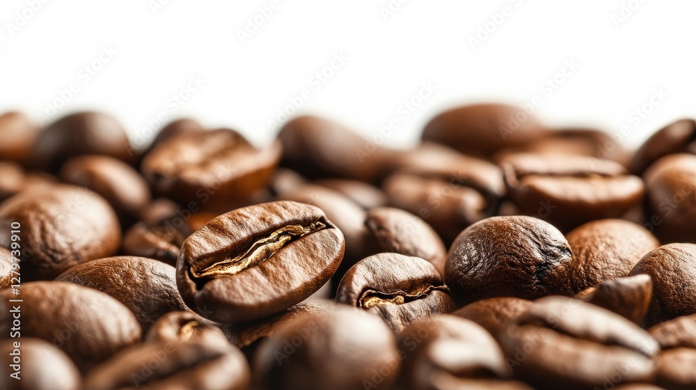 Fototapeta premium Close-Up View of Freshly Roasted Coffee Beans on White Background