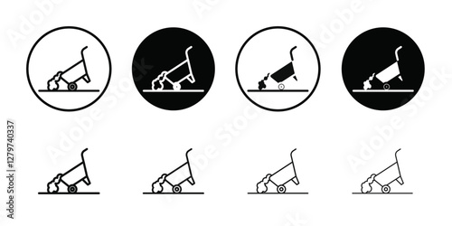 wheelbarrow unloading icon Black line art vector logo set