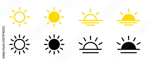 Sun simple icons collection. Sun vector illustration.  Sun icon set, sunshine, sunrise or sunset.
