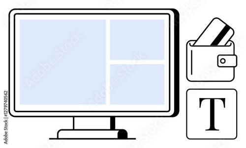 Computer monitor displaying grid layout, wallet with credit card, typography icon. Ideal for e-commerce, digital marketing, web design, online transactions, financial services, typography technology