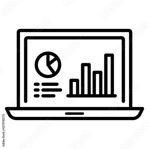 Black single Financial analysis on laptop line icon, simple diagram data flat design pictogram vector for app ads web banner button ui ux interface elements isolated on white background