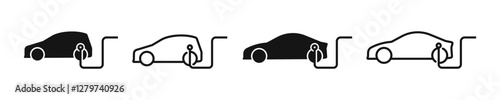 Electric car with plug icon set. Electric car charging. Electric car charger. Charger icons