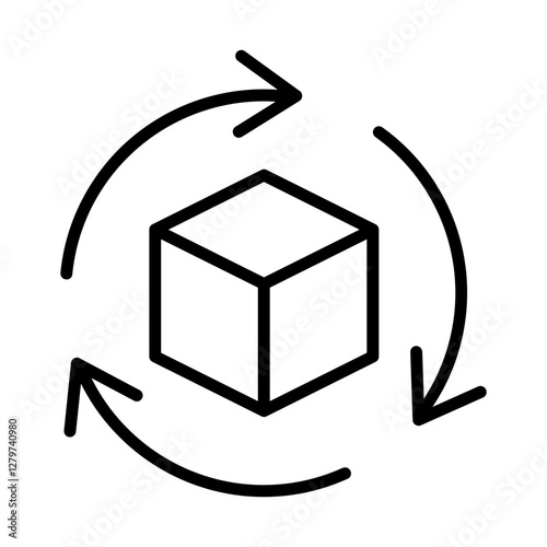 Black single rotating 3D cube model line icon, simple virtual reality flat design illustration pictogram for infographic interface elements for app logo web button ui isolated on white background