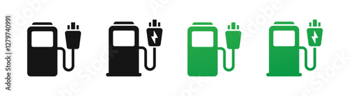 Car charger. Electromobile charging station. Auto accumulator recharging. Electric car ev charge station icons