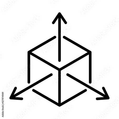 Black single isometric cube with axes line icon, simple tridimensional coordinate Spaces flat design pictogram vector for app ads web banner ui ux interface element isolated on white background