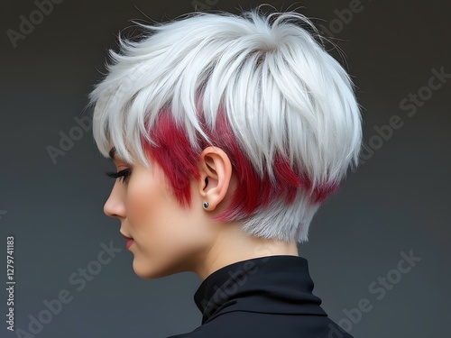 Woman with platinum blonde pixie cut with bold red highlights, stylish layered haircut for creative looks