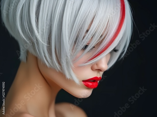 Woman with platinum blonde bob haircut with red highlights, stylish layered haircut, striking red lipstick