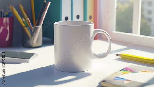 Branded coffee mug mockup on a white office desk with sunlight and office supplies
 photo