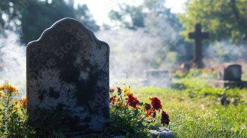 Floral grave marker in serene cemetery