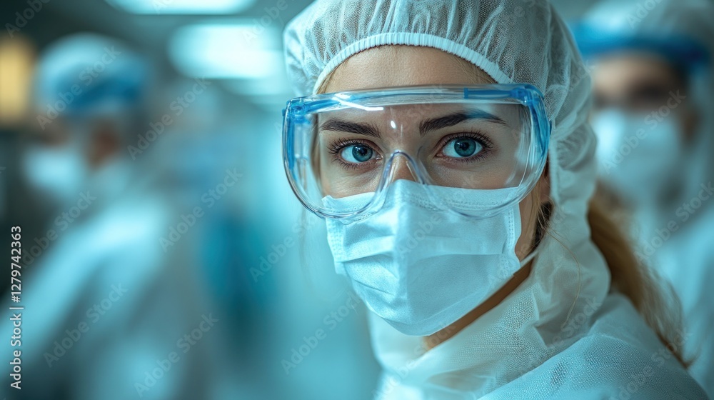 Portrait of a female scientist in a sterile environment, wearing protective gear, with a determined gaze. Portrait of a female scientist in a sterile environment, wearing protective gear, with a determined gaze.