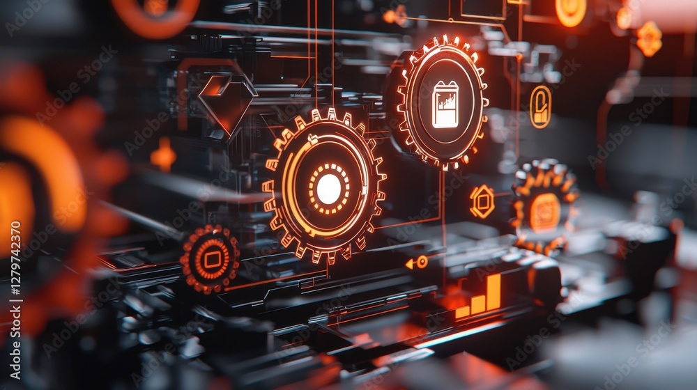 Futuristic 3D Rendered Scene with Interconnected Gears and Technology Futuristic 3D Rendered Scene with Interconnected Gears and Technology