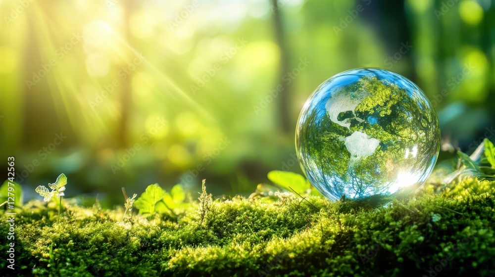 Glass globe resting on green moss in a sunlit forest, symbolizing nature and sustainability Glass globe resting on green moss in a sunlit forest, symbolizing nature and sustainability