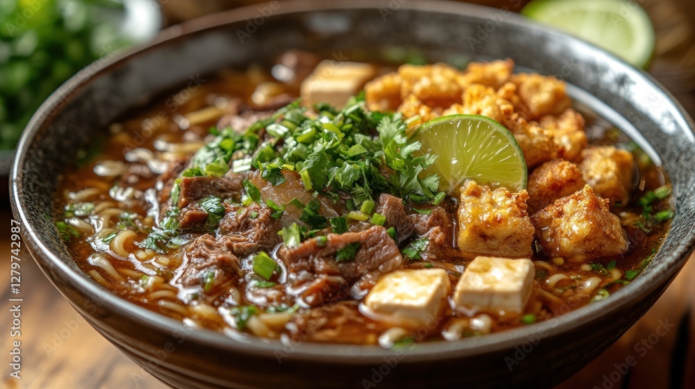 Delicious Beef Ramen Bowl with Tofu and Crispy Topping Delicious Beef Ramen Bowl with Tofu and Crispy Topping