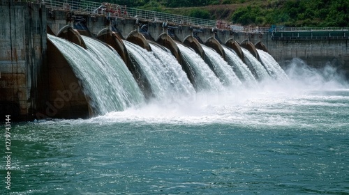 A photo of a large water pump in action at a dam or reservoir, with powerful jets of water flowing to generate electricity or manage water levels