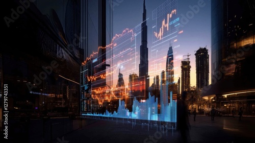 Futuristic 3D Digital Render of Dubai Skyline with Data Visualization