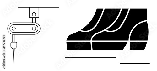 Automatic sewing machine stitching shoe sole. Ideal for manufacturing, technology, automation, craftsmanship, clothing industry, efficiency, footwear production. Minimalist abstract line flat