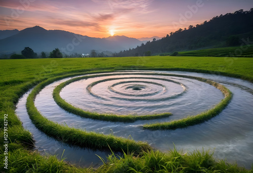 Serene Spiral Water Feature in Lush Rice Paddy at Sunrise