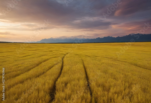 Golden Wheat Field at Sunrise with Majestic Mountains