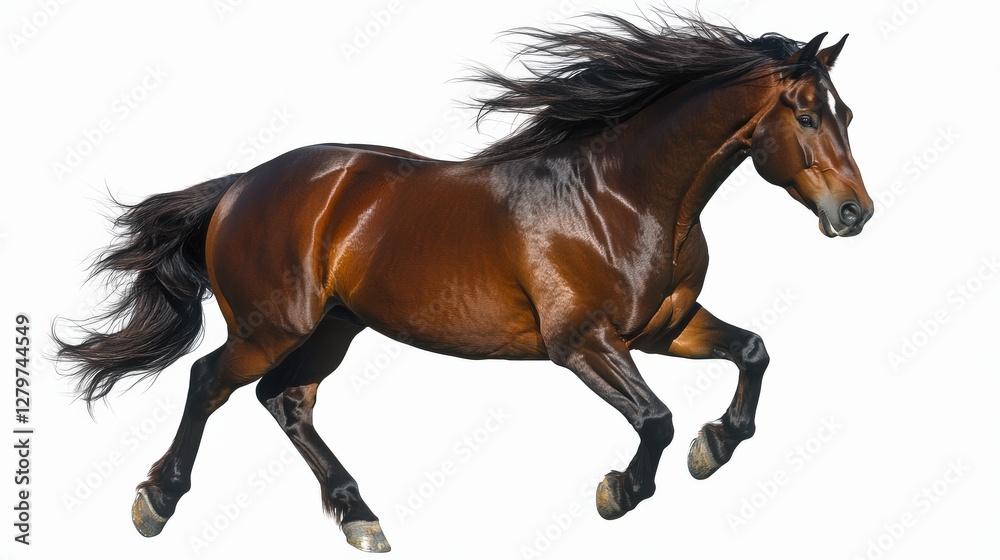Majestic brown horse running with flowing mane against white backdrop Majestic brown horse running with flowing mane against white backdrop