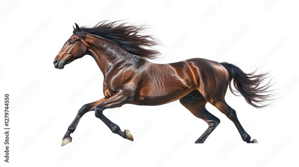 Graceful Brown Horse Running Freely Across a Plain White Background Graceful Brown Horse Running Freely Across a Plain White Background
