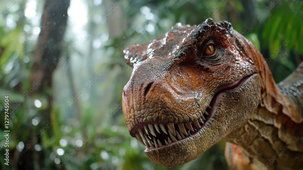 Fototapeta premium Tyrannosaurus Rex Jungle Close-up, Rain, Film Still