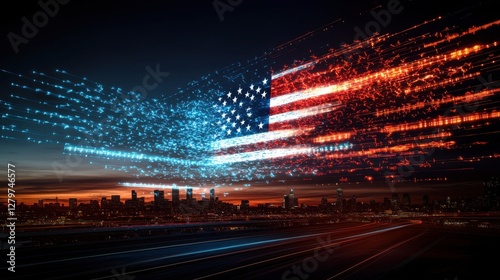 Drones Creating Glowing American Flag Display Over City Skyline