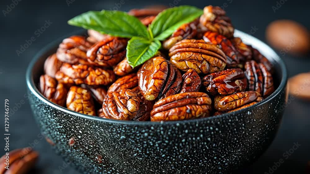 Candied Pecans in Bowl on Dark Background Candied Pecans in Bowl on Dark Background