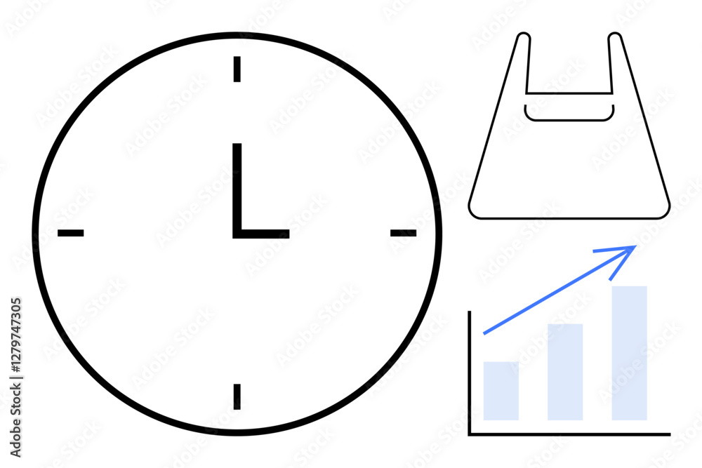 Simple black outlined clock, outlined shopping bag, and bar chart with rising blue arrow symbolize concepts of time management, retail, and success. Ideal for business planning, time efficiency Simple black outlined clock, outlined shopping bag, and bar chart with rising blue arrow symbolize concepts of time management, retail, and success. Ideal for business planning, time efficiency