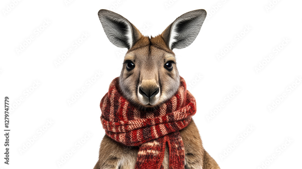 Fototapeta premium Kangaroo wearing a scarf poses for winter portrait