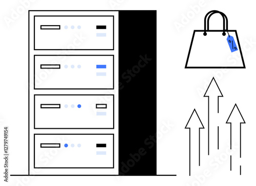 Server with multiple storage compartments next to a shopping bag with a price tag and arrows pointing upwards. Ideal for business growth, e-commerce, data storage, retail, technology, progress