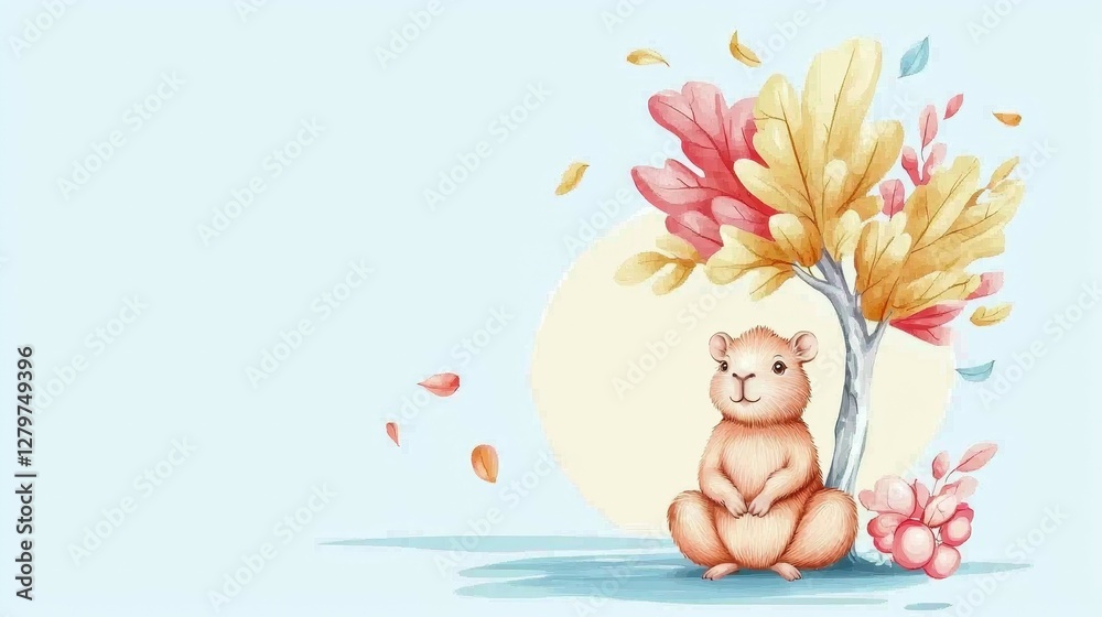 Capybara chilling concept. A cute animal sits under a colorful tree with falling leaves in a serene background. Capybara chilling concept. A cute animal sits under a colorful tree with falling leaves in a serene background.
