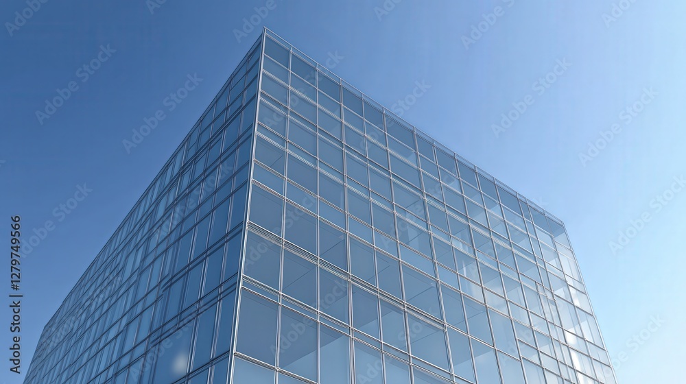 Modern Glass Building Under Clear Blue Sky in Urban Environment Modern Glass Building Under Clear Blue Sky in Urban Environment