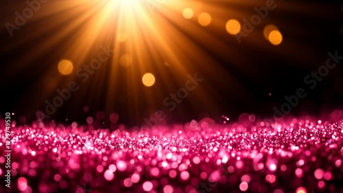 Golden sunlight rays shining brightly, with shimmering pink glitter particles moving gracefully and sparkling against black background - 美しいアニメーション背景のビデオで、太陽の光線と輝くピンクの粒子