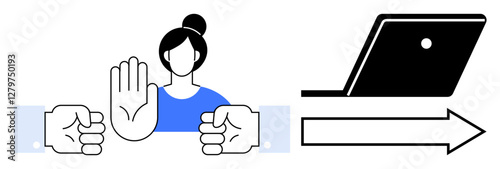 Person raising hand to stop two fists, arrow pointing to laptop symbolizing redirection of focus. Ideal for conflict resolution, workplace disputes, online learning, focus shift, productivity