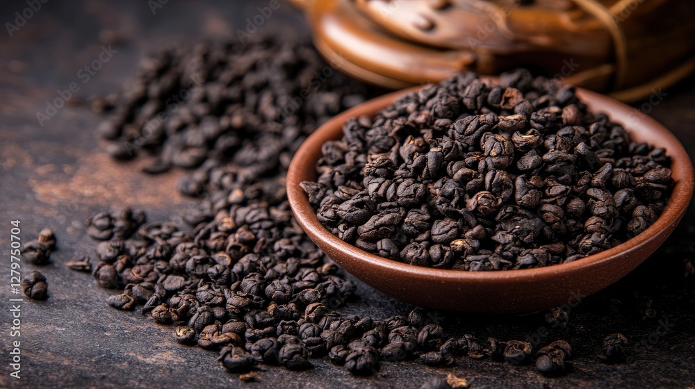 Fototapeta premium Natural Black Coffee Beans in Wooden Bowl on Rustic Table Background