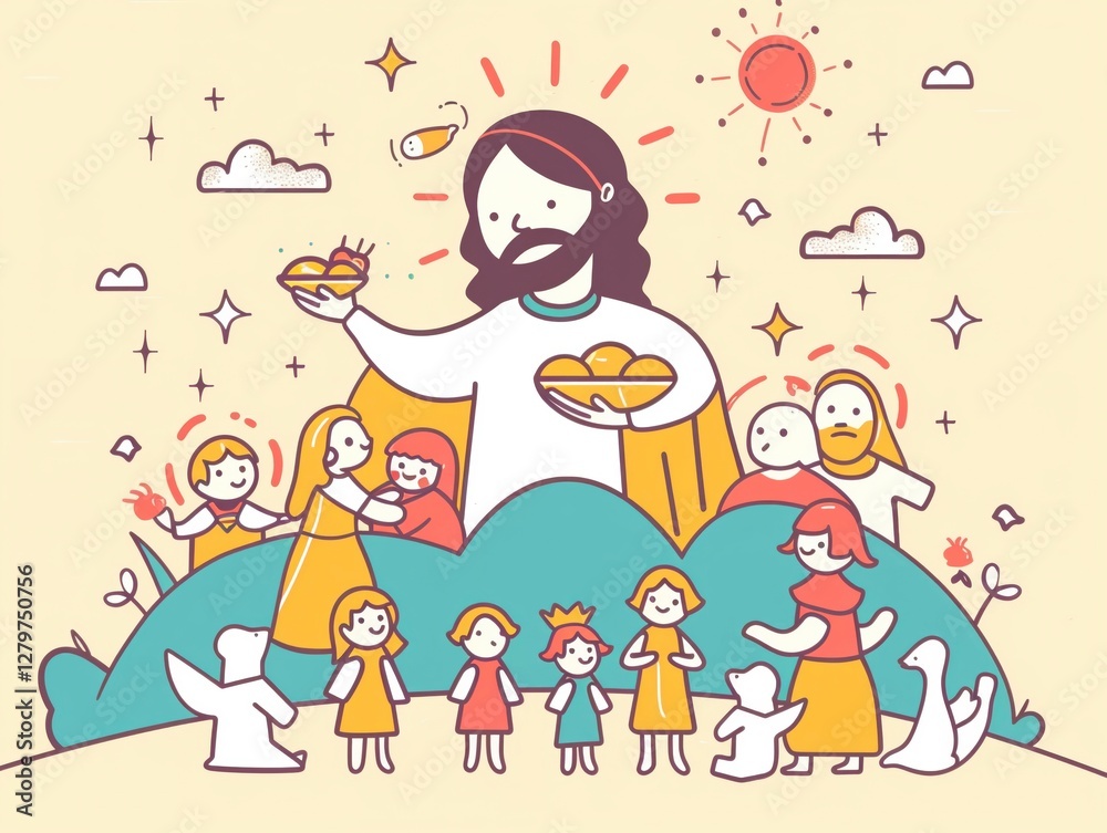 Fototapeta premium A vector illustration in simple flat color line style of whimsical Jesus birth in the manger