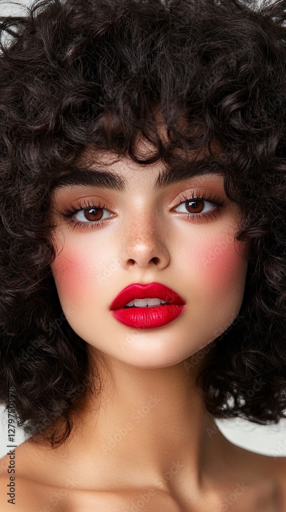 Close-up portrait of a young woman with a voluminous curly hairstyle, wearing bright red lipstick and subtle blush. Close-up portrait of a young woman with a voluminous curly hairstyle, wearing bright red lipstick and subtle blush.
