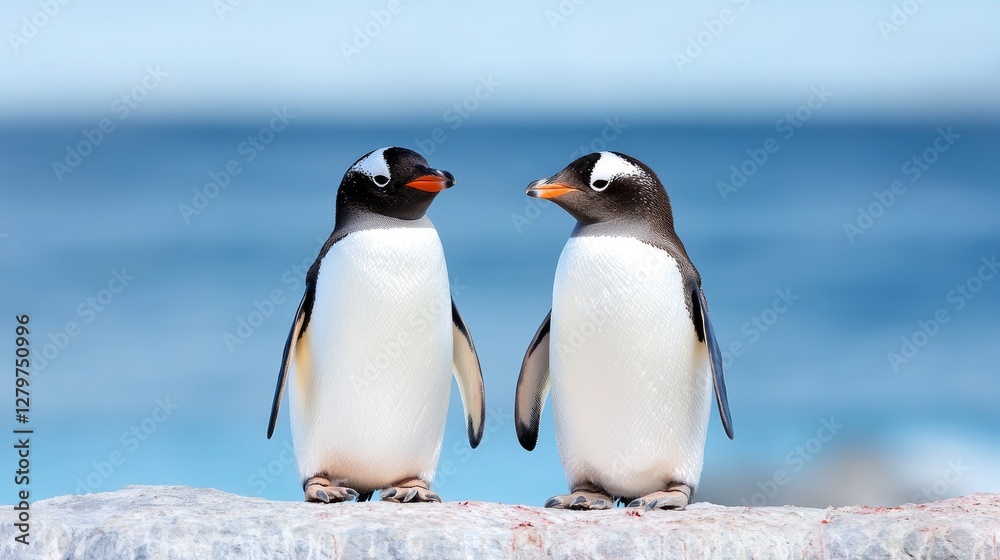 Naklejka premium Two Gentoo penguins facing each other on Antarctic coast
