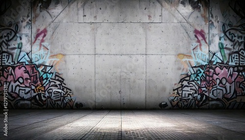 Urban street art with vibrant graffiti on a concrete wall in an empty warehouse space