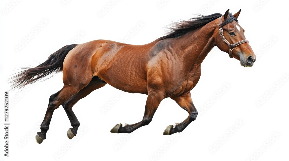 Obraz premium Dynamic Brown Horse Running Gracefully Across a White Background