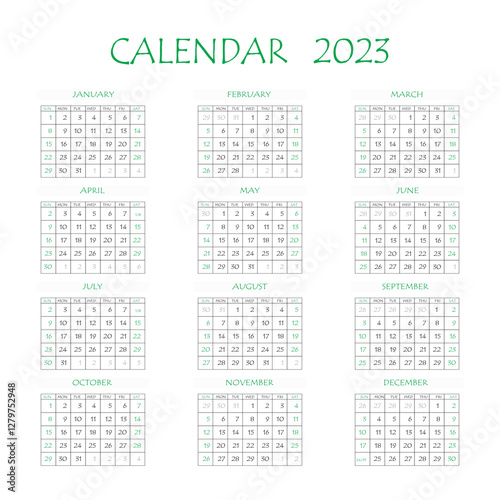 2023 calendar planner. Corporate week. Template layout, 12 months yearly, white background. Simple design for business brochure, flyer, print media, advertisement. Week starts from Monday.