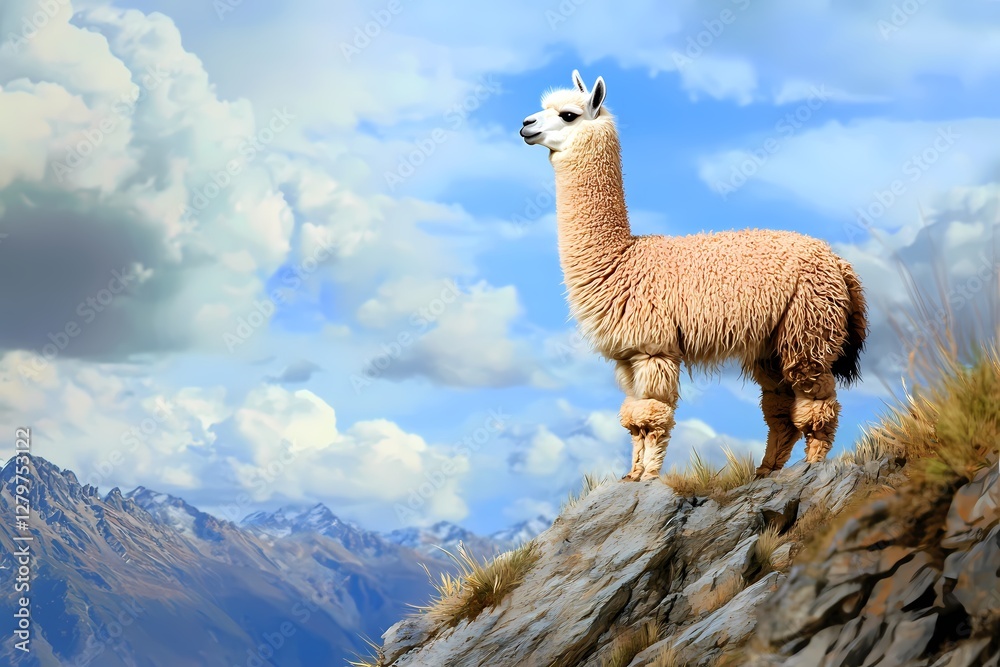 Fototapeta premium Alpaca in a Rocky Cliffs Landscape