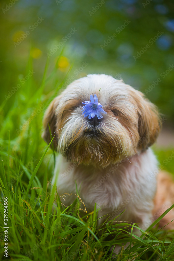 shih tzu dog sits with a flower on its head in summer shih tzu dog sits with a flower on its head in summer