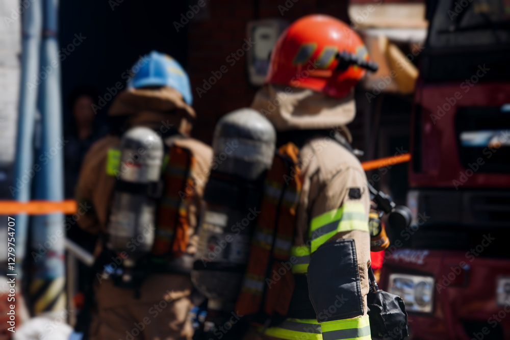 Fototapeta premium Group of South Korean fire men during fire fighting operation in the streets, firefighters with fire engine truck vehicle, 911 emergency and rescue, fire drill, exercise training, Busan, South Kore