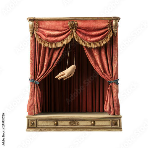 Puppet theater stage with a hanging hand, isolated on transparent background