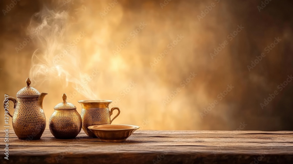 Steaming Traditional Teapots and Tea Set on Rustic Wooden Table Steaming Traditional Teapots and Tea Set on Rustic Wooden Table