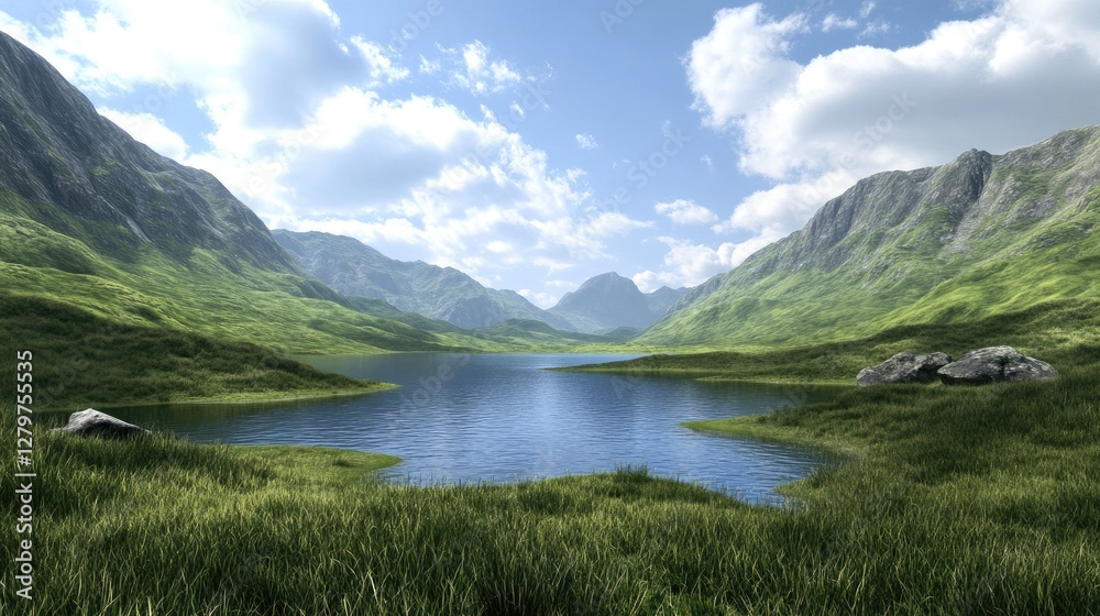 An alpine valley with rolling green hills and a peaceful blue lake, plenty of copy space. An alpine valley with rolling green hills and a peaceful blue lake, plenty of copy space.