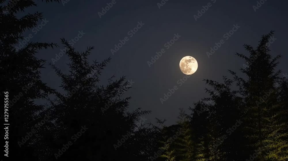 A bright full moon shines above traditional lanterns in a peaceful garden. A bright full moon shines above traditional lanterns in a peaceful garden.
